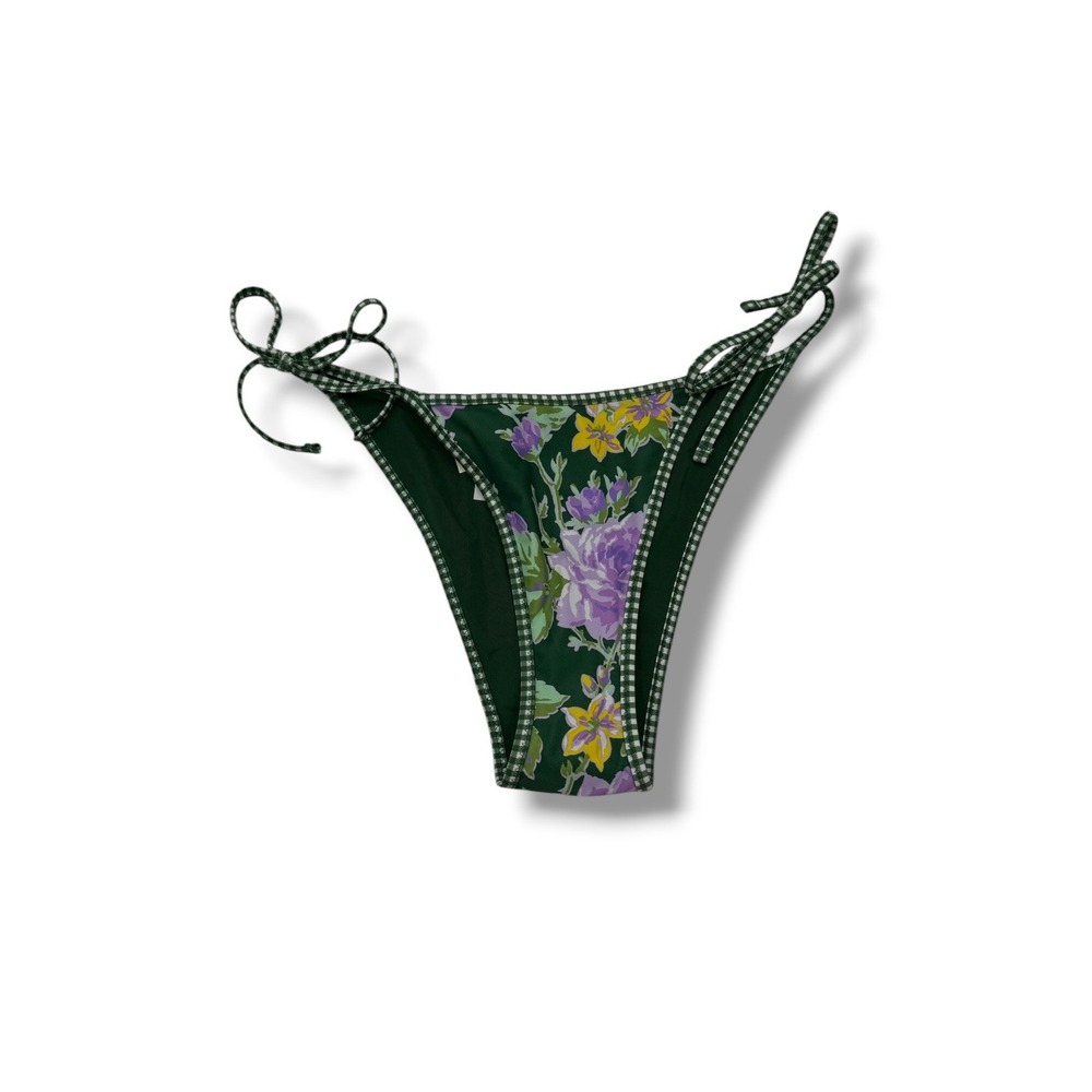 Aerie Bikini Bottoms Womens S Green Floral Gingham Side Tie Cheekiest NWT